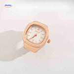 Rose gold ring watch with white square dial.