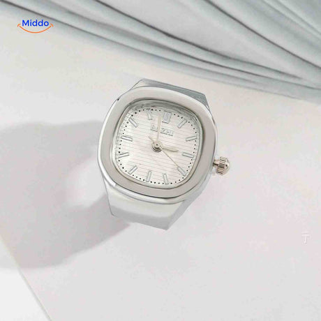 Silver ring watch with white square dial.