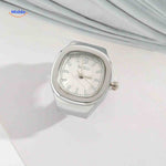 Silver ring watch with white square dial.