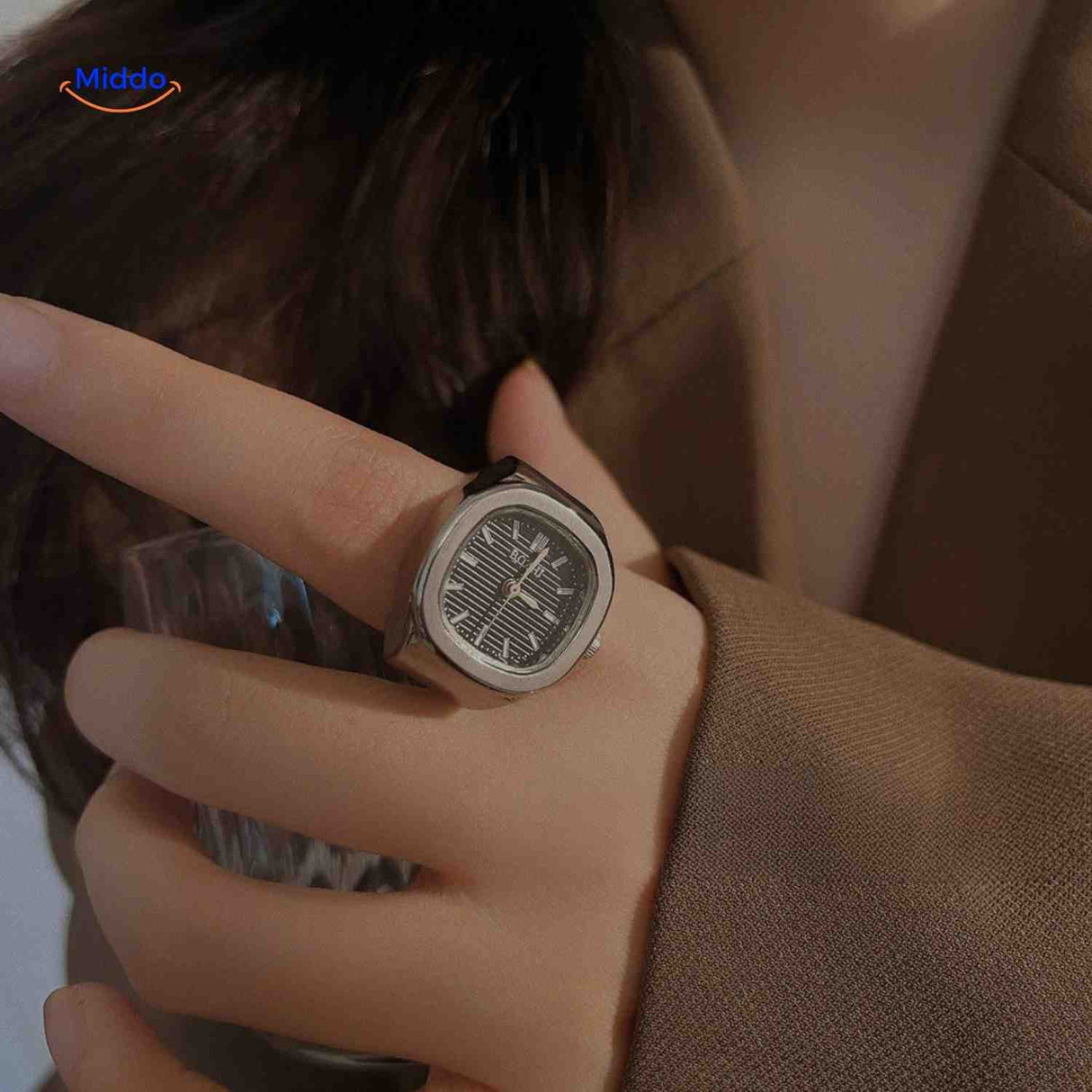 Adjustable ring watch with square dial, unisex style.