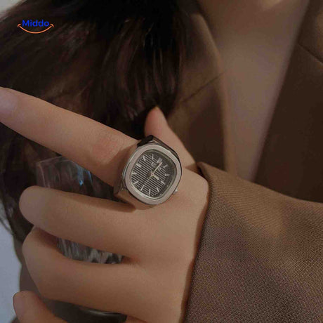 Adjustable ring watch with square dial, unisex style.