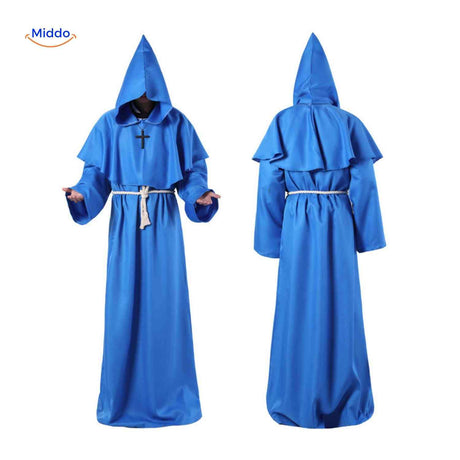 Ritual hooded halloween costume robe with ceremonial appearance.