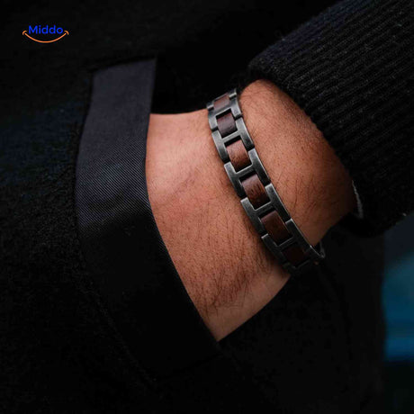 Detailed view of robust wooden link segments connected with metal components.