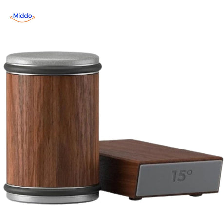 Rolling knife sharpener featuring combined wooden and metal construction.