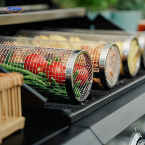 RollingGrill stainless steel grill basket with large capacity for grilling vegetables and meats.