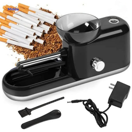 RollMaster automatic electric cigarette rolling machine in white with included charger.