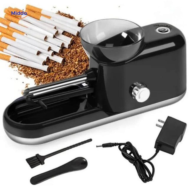 RollMaster automatic electric cigarette rolling machine in white with included charger.