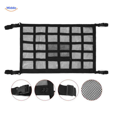 Roof storage net with multiple compartments and buckle straps for secure fit.