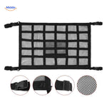 Roof storage net with multiple compartments and buckle straps for secure fit.