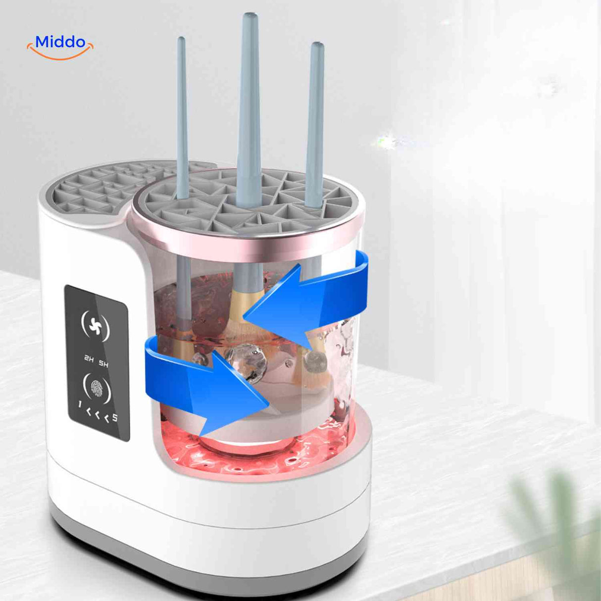 Makeup brush cleaner with rotating technology for intensive deep cleaning action.