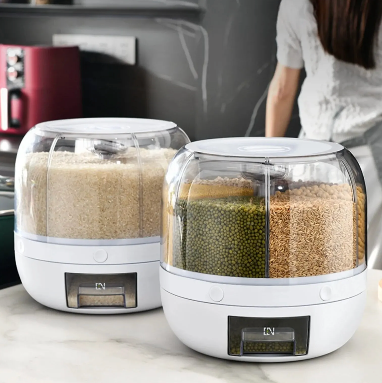 Dual rotating grain dispensers filled with rice and assorted grains and beans.