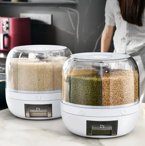 Dual rotating grain dispensers filled with rice and assorted grains and beans.
