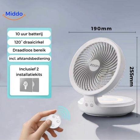White oscillating portable fan with wireless remote control included.