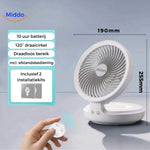 White oscillating portable fan with wireless remote control included.