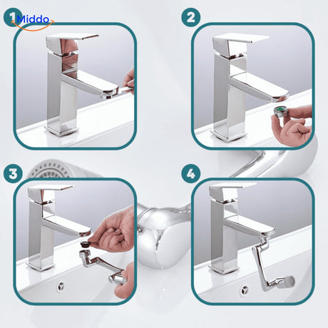 Close-up of rotating faucet attachment head showing dual spray nozzle design.