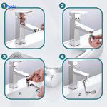 Close-up of rotating faucet attachment head showing dual spray nozzle design.