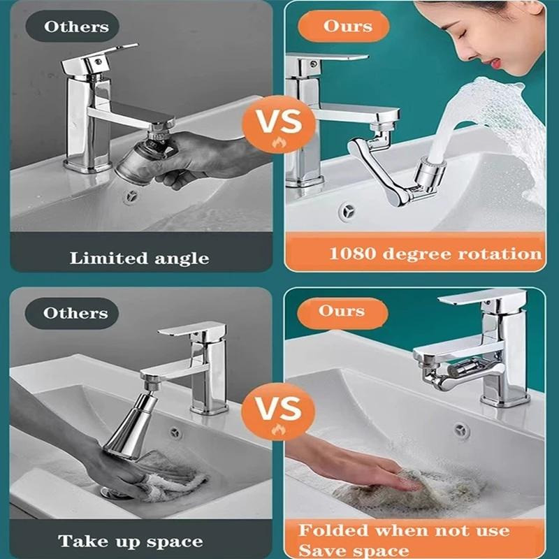 Standard faucet versus 1080° rotating attachment reach and functionality.