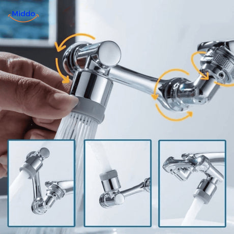1080° rotating faucet attachment installed on kitchen sink for extended reach.