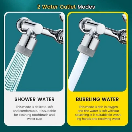 Two spray modes on rotating faucet attachment: normal stream and wide spray.