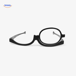 Front view of black single-lens rotating makeup reader glasses.