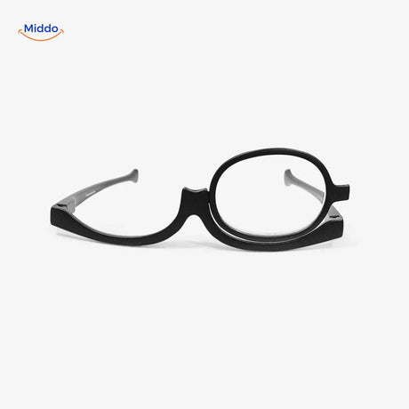 Front view of black single-lens rotating makeup reader glasses.