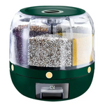 Green rotating grain dispenser filled with assorted grains and beans color option.