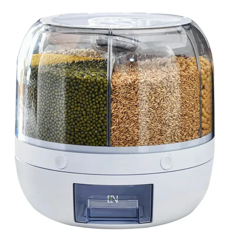 White rotating grain dispenser stocked with multiple grains and beans for pantry organization.