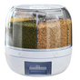 White rotating grain dispenser stocked with multiple grains and beans for pantry organization.