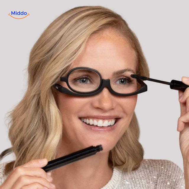 Rotating makeup glasses with single rotating lens for precise mascara application.