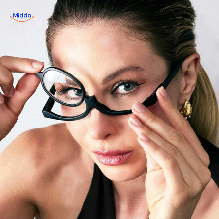 Rotating makeup reader glasses in action for hands-free makeup application.