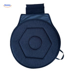Blue rotating seat cushion for improved sitting posture.