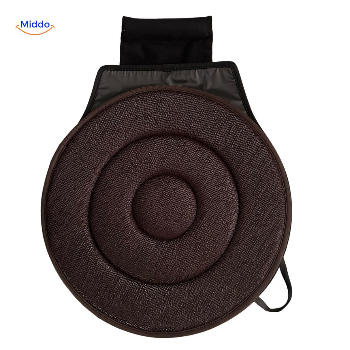 Brown rotating seat cushion for posture and seated wellness.