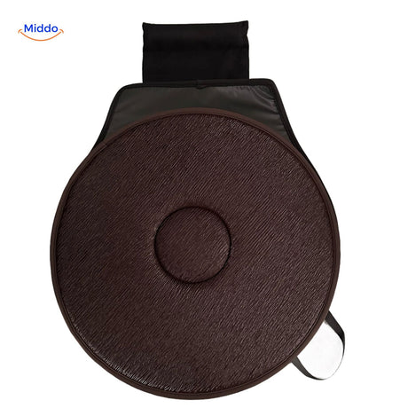 Brown rotating seat cushion for long days sitting comfort.