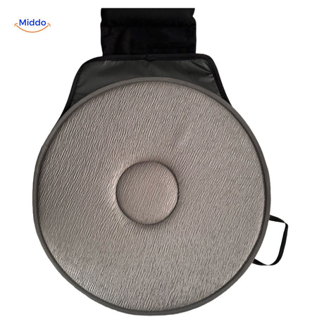 Gray rotating seat cushion with ergonomic back support.