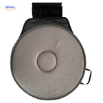 Gray rotating seat cushion with ergonomic back support.