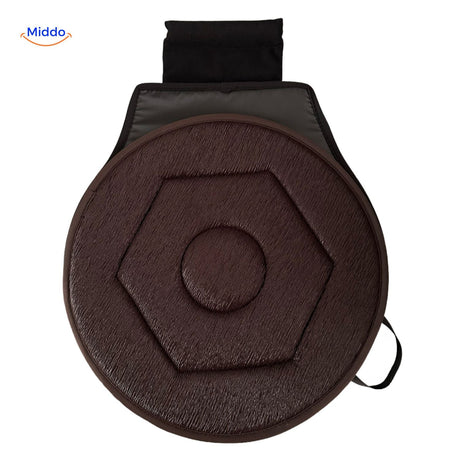 Red hexagon-pattern rotating cushion with wellness benefits.