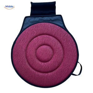 Red rotating seat cushion promoting spinal health benefits.