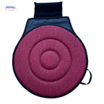 Red rotating seat cushion promoting spinal health benefits.