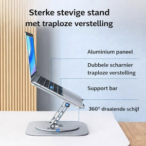 Durable 360-degree rotating laptop stand showing strong build and rotation mechanism.