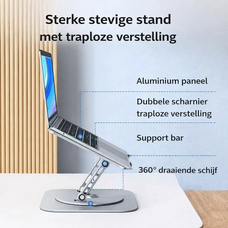 Durable 360-degree rotating laptop stand showing strong build and rotation mechanism.