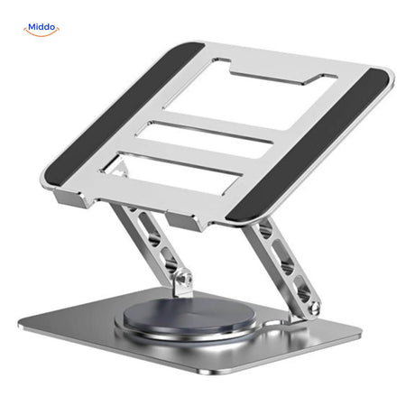 360 rotating laptop stand in sleek silver finish for modern desk aesthetics.