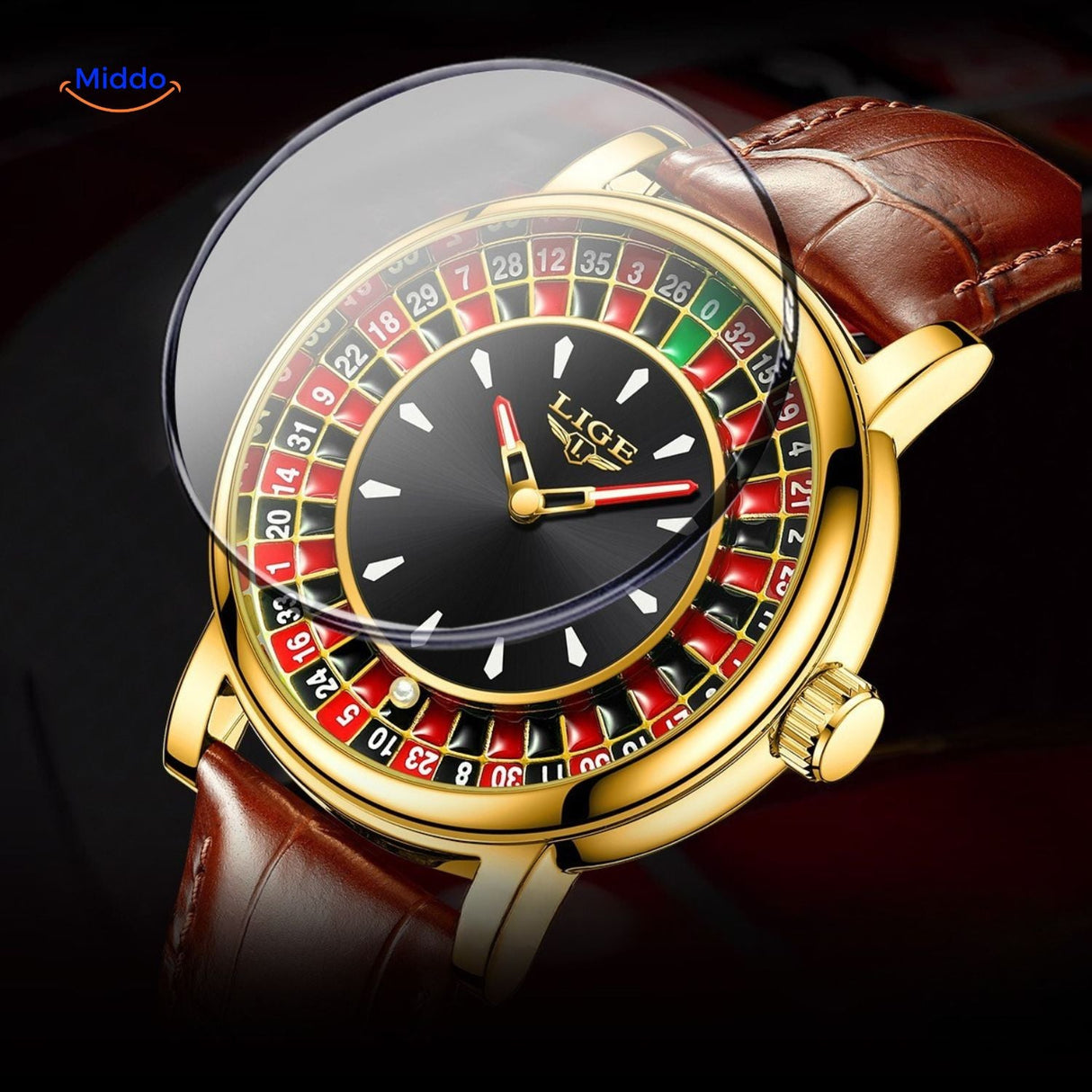 Close-up of the gold roulette watch spinning dial