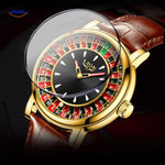 Close-up of the gold roulette watch spinning dial