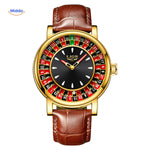 Gold roulette watch shown from the front