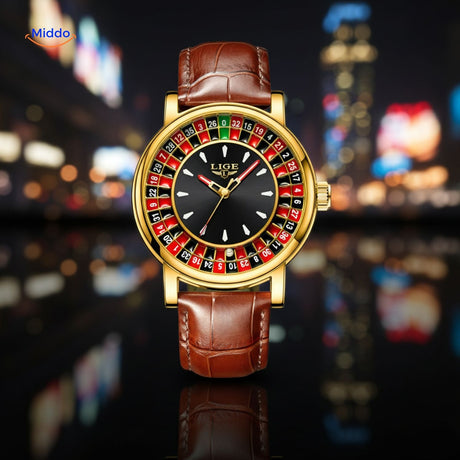 Gold roulette dial watch with a brown leather strap