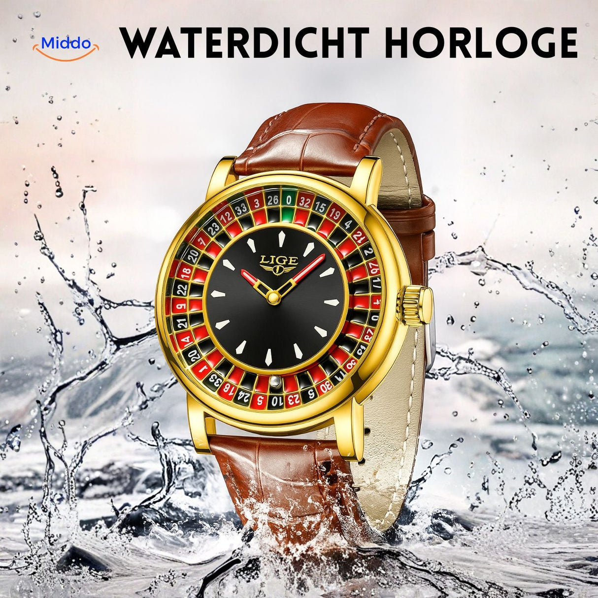 Gold roulette watch highlighting its water-resistant build