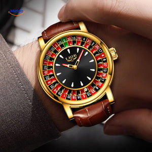 Gold roulette wristwatch with a spinning dial