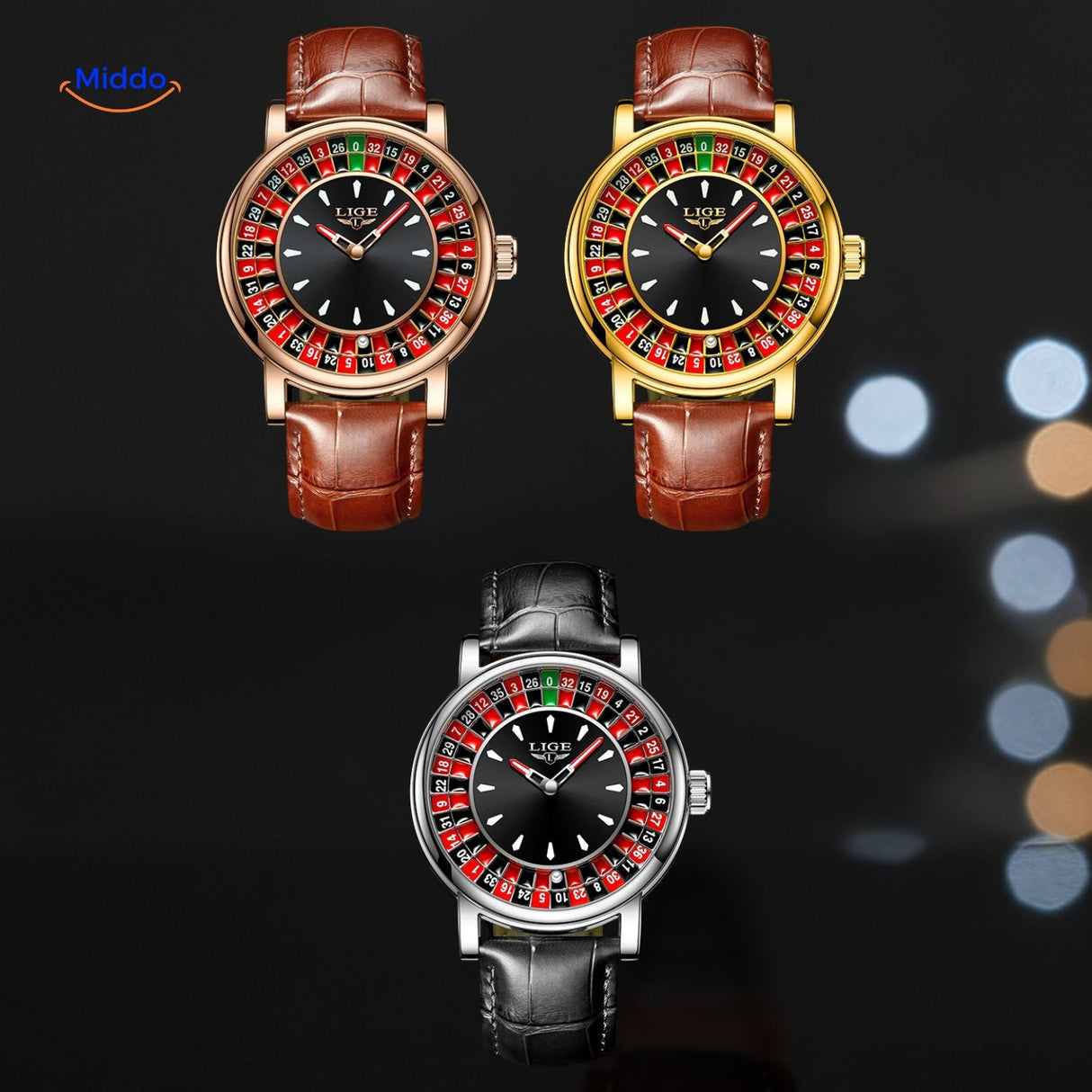 Roulette watches showing the available leather strap colors