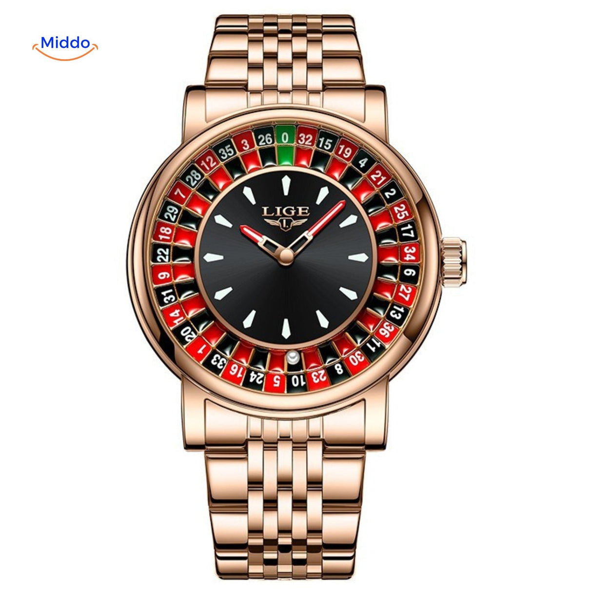 Rose gold roulette watch with a metal bracelet