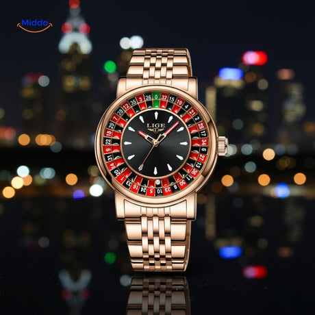 Rose gold roulette watch featuring the spinning wheel dial